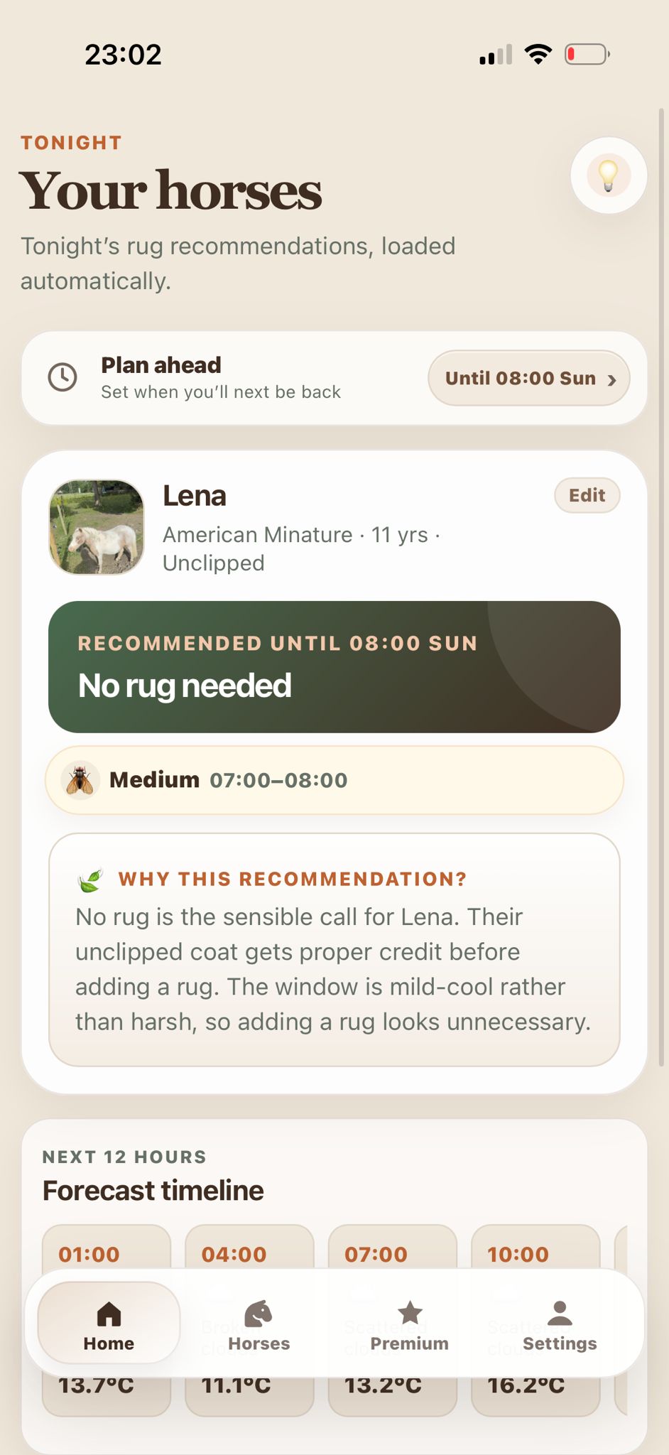 RugWeather app showing tonight's horse rug recommendation and forecast timeline