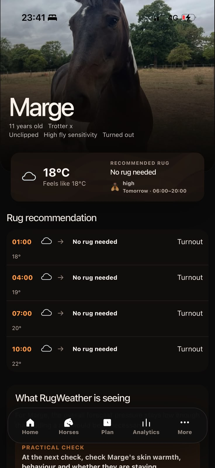 RugWeather detailed recommendation showing the next 12 hours
